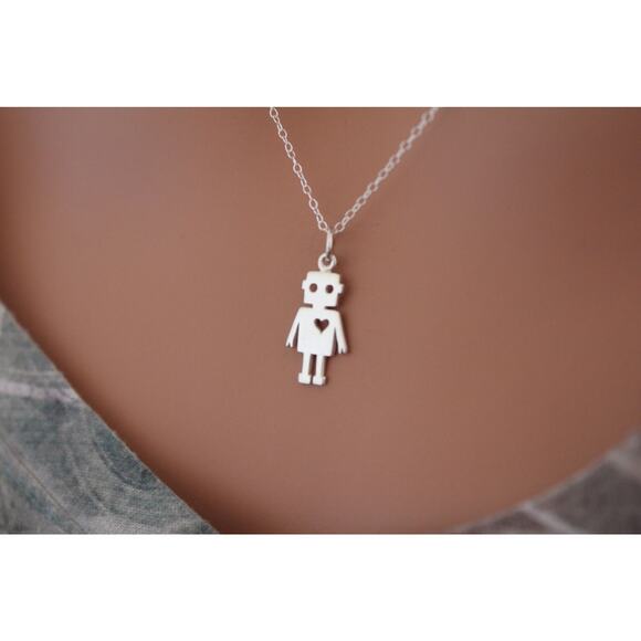 Sterling Silver Robot Charm Necklace, Robot Pendant Necklace, Robot Necklace - Picture 1 of 3